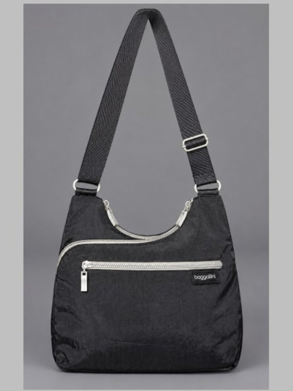 Baggallini Black Nylon Crossbody Bag Adjustable Strap Multiple Zip Pockets Purse